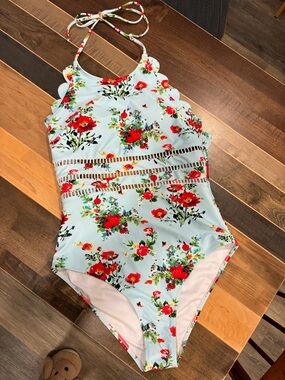 Cupshe Light Blue One-Piece Swimsuit with Red Floral Print